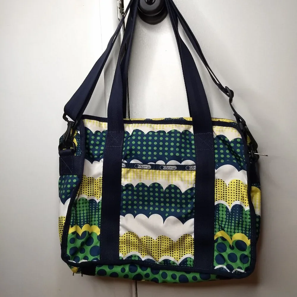 Lesportsac Zippered Laptop Bag Green Yellow Blue White Abstract Pattern School